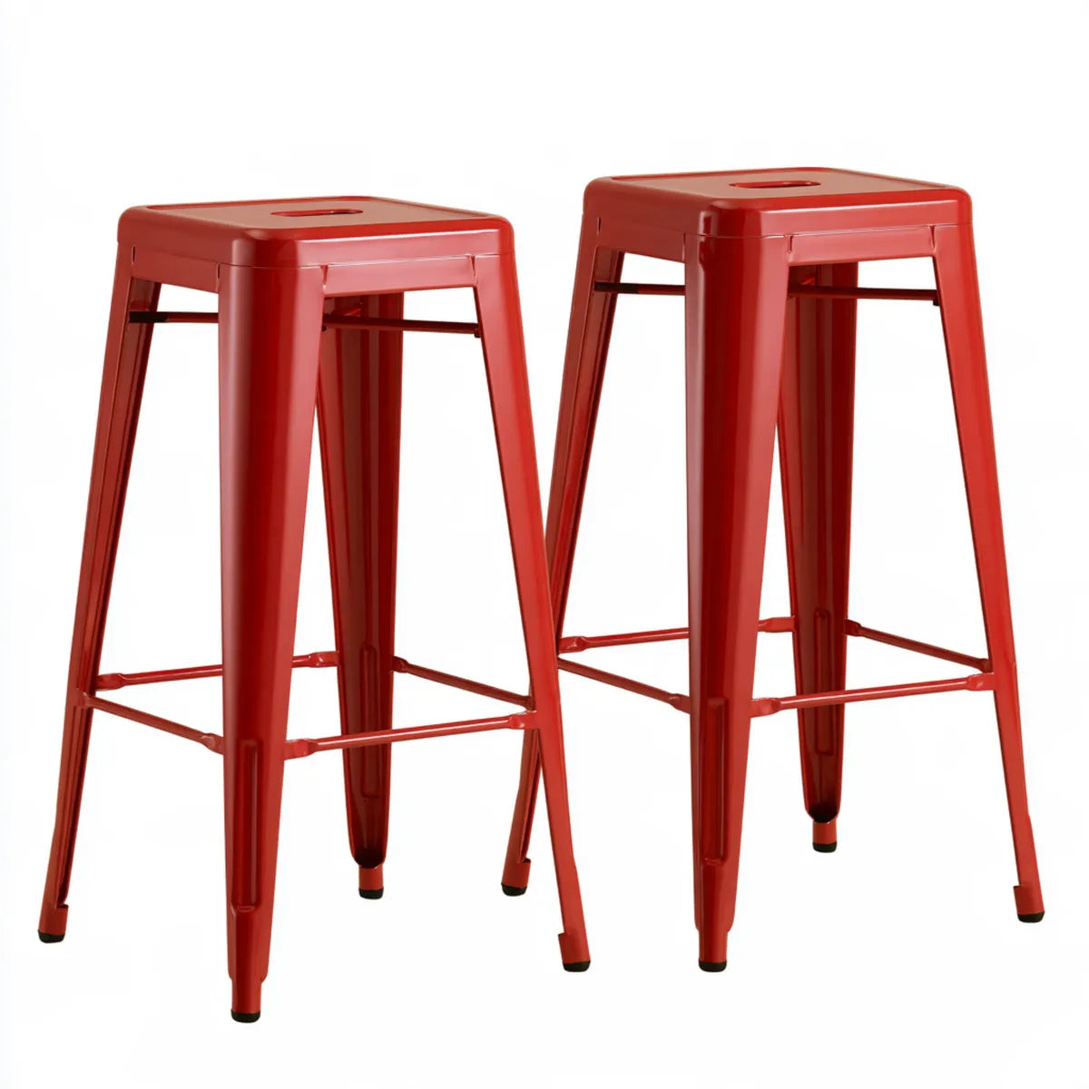 Set of 2 Red Steel Bar Stools, 15.5 in W x 15.5 in D x 30 in H