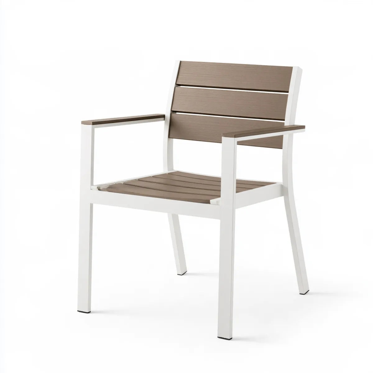 Outdoor Patio Armchair, 24 in W x 24 in D x 35 in H, White and Brown Aluminum and WPC Slatted Chair