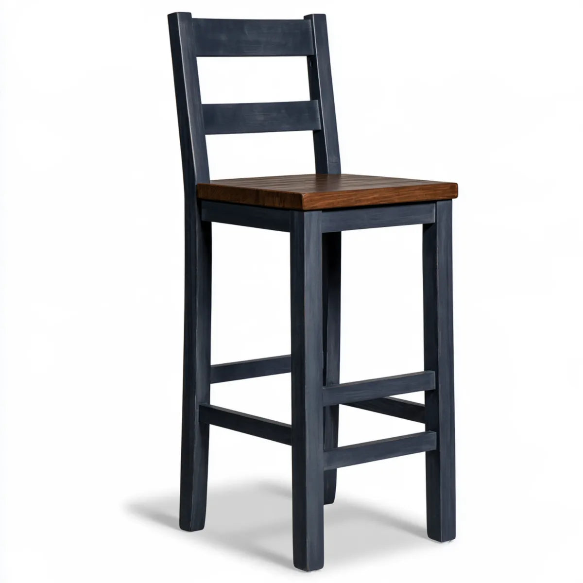 Counter Height Bar Stool with Backrest, 17.5 x 19 x 42 in, Black and Brown Solid Rubberwood Rectangular Seat