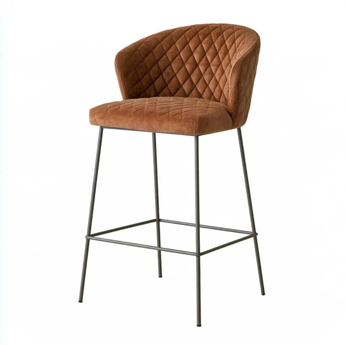 Upholstered Bar Stool, 20.1 x 21.3 x 37.8 in, Brown Polyester Microfiber and Black Steel, Rounded Back