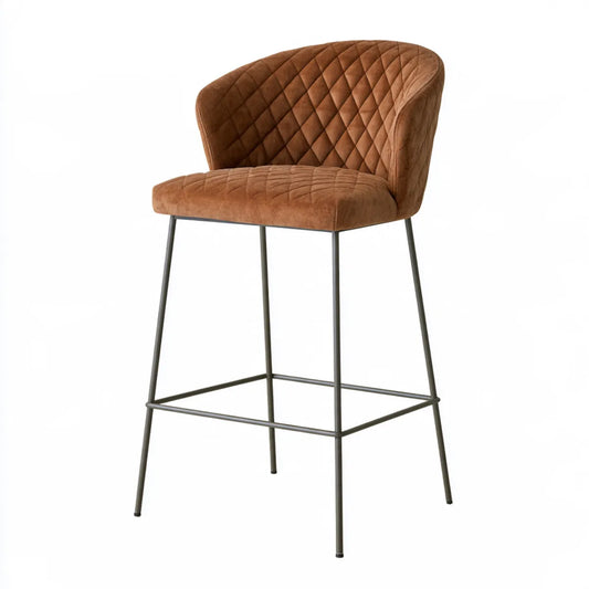 Upholstered Bar Stool, 20.1 x 21.3 x 37.8 in, Brown Polyester Microfiber and Black Steel, Rounded Back