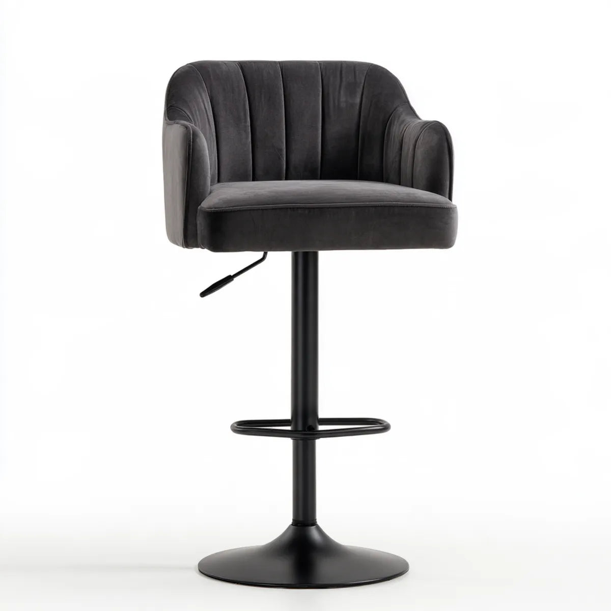 Adjustable Swivel Bar Stool, 22 x 22 x 37.5-45.5 in, Black Polyester Velvet Upholstery, Round Metal Base