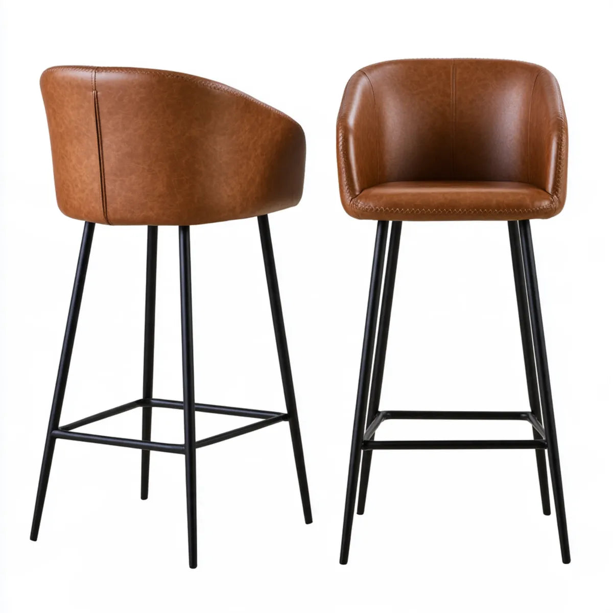 Brown PU Leather Bar Stool with Backrest, 20 x 21 x 42 in, Black Steel Frame