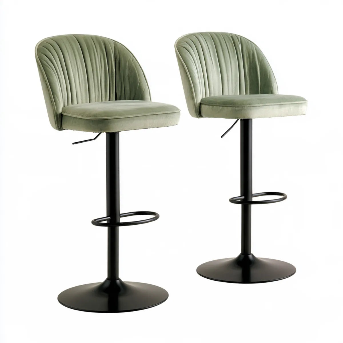 Set of 2 Adjustable Swivel Bar Stools, 20.5 x 20 x 36.5-44.5 Inches, Sage Green Polyester Velvet Upholstery, Black Metal Round Base