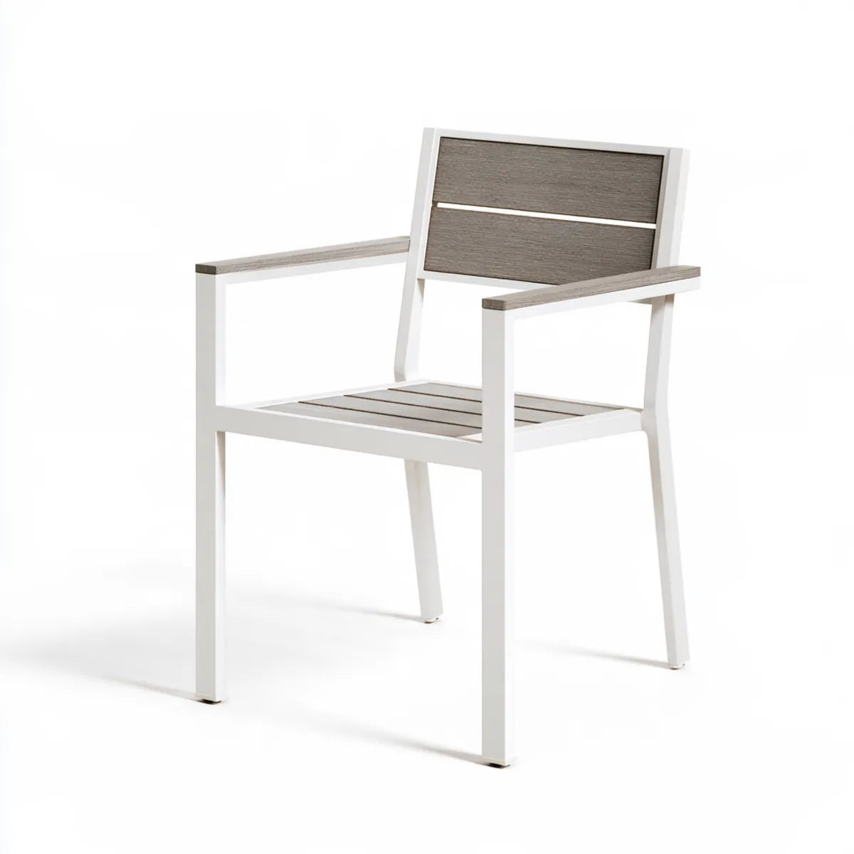 Outdoor Patio Dining Chair, 23.6 x 22.4 x 34.6 in, White and Gray Powder-Coated Aluminum HDPE Slatted Armchair