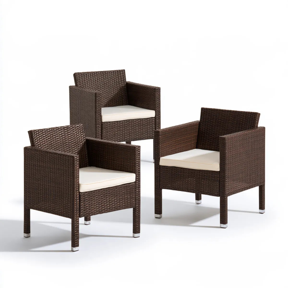 3-Piece Outdoor Patio Armchair Set, Brown PE Rattan and Steel with Cream Polyester Cushions, 22.8 x 23.6 x 33.9 in