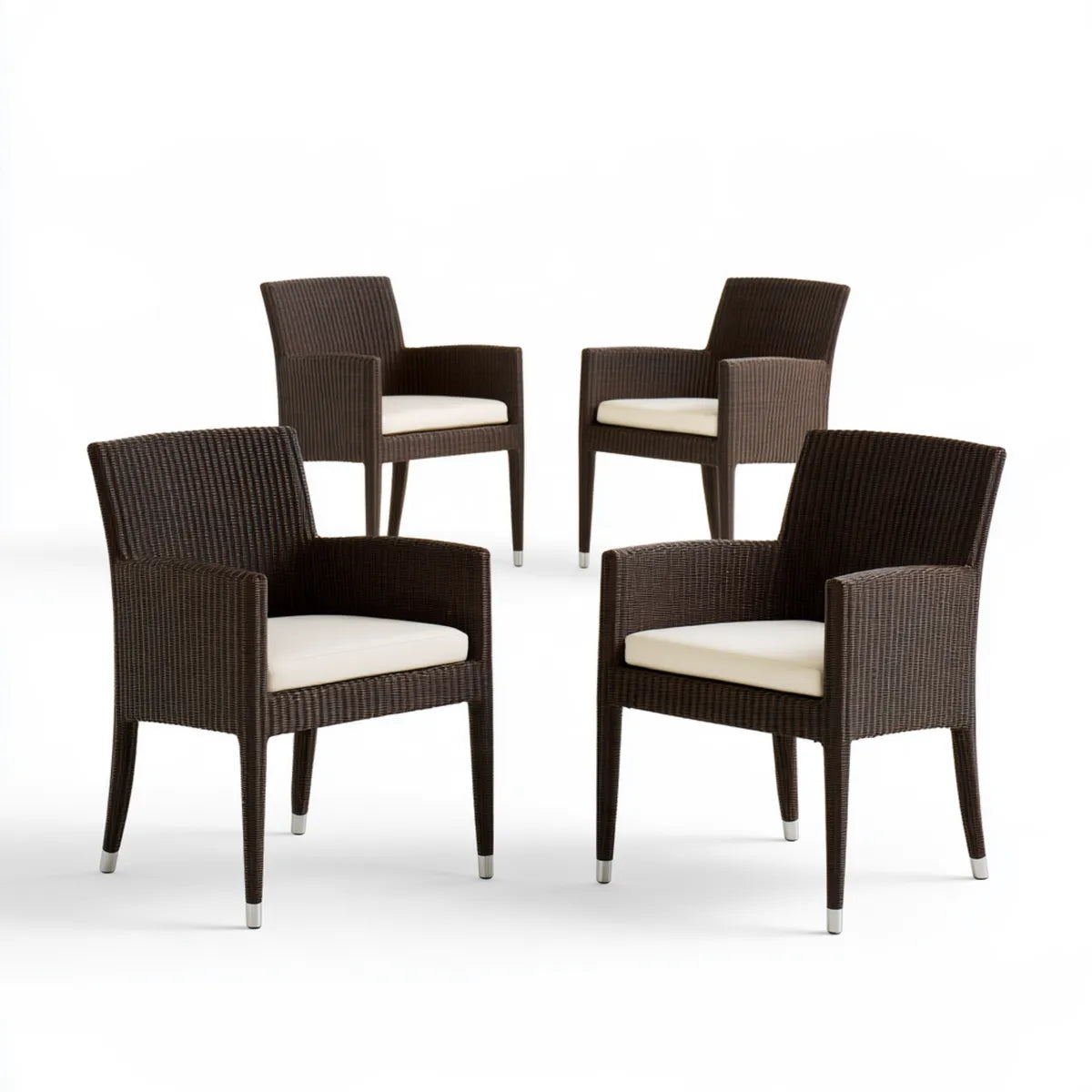 Outdoor Wicker Armchairs, Set of 4, 58 x 60 x 88 cm, Dark Brown with Cream White Cushions