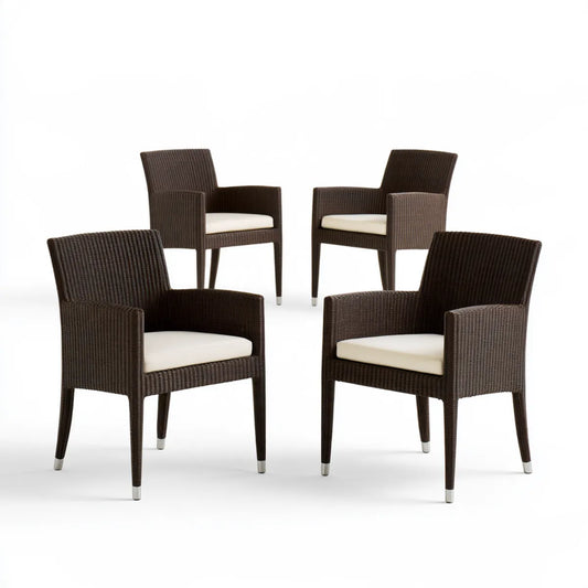 Outdoor Wicker Armchairs, Set of 4, 58 x 60 x 88 cm, Dark Brown with Cream White Cushions