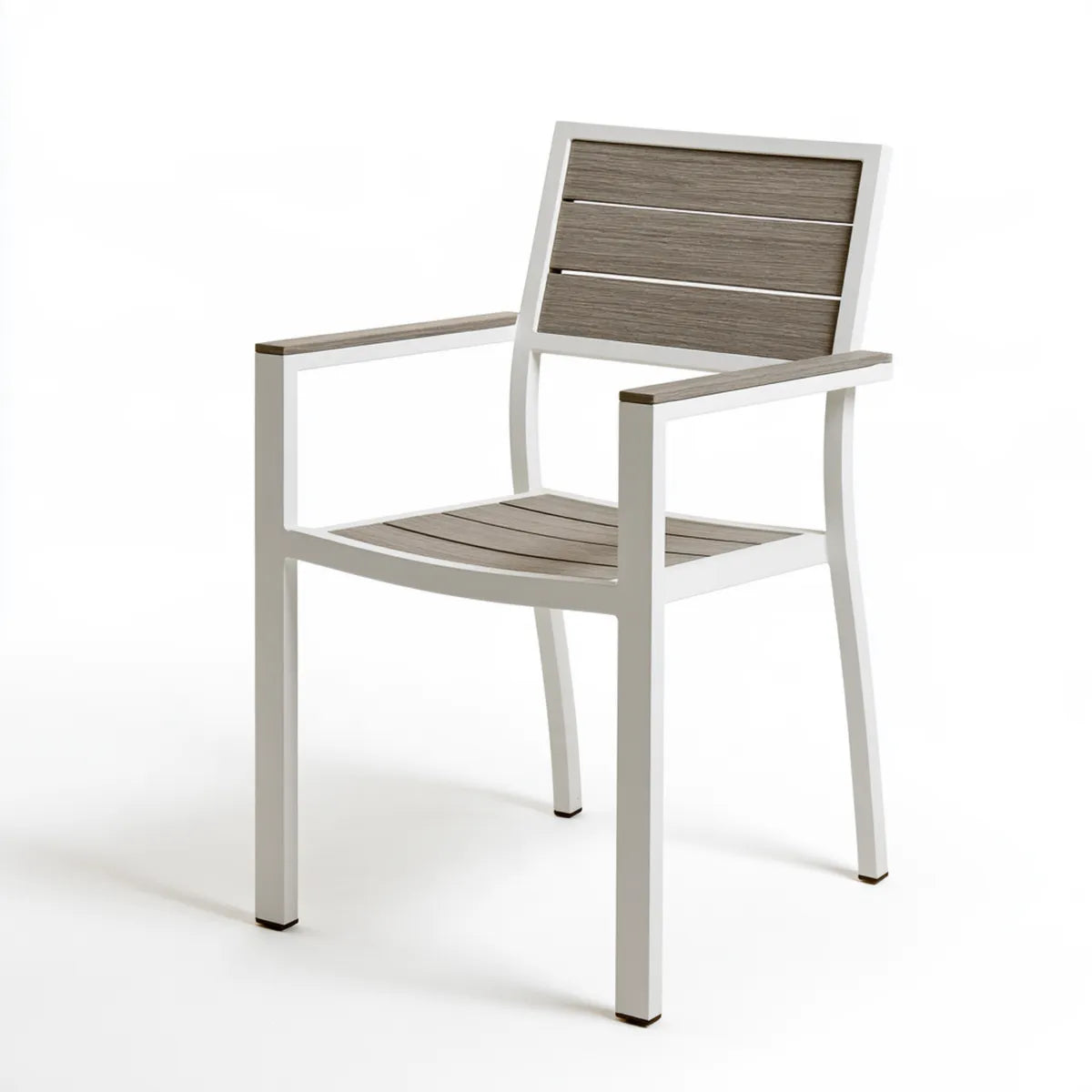 Outdoor Patio Dining Chair with Arms, 58 x 60 x 88 cm, White and Gray-Brown Aluminum HDPE Slatted Chair