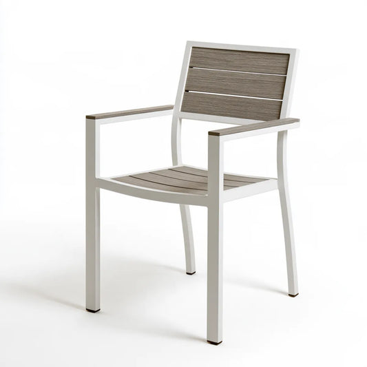 Outdoor Patio Dining Chair with Arms, 58 x 60 x 88 cm, White and Gray-Brown Aluminum HDPE Slatted Chair