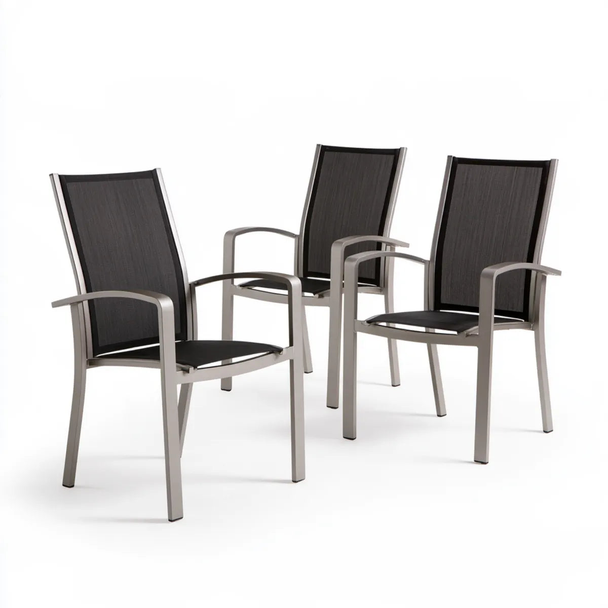 3-Piece Outdoor Patio Dining Armchair Set, Black Textilene and Silver Aluminum, 56 x 68 x 100 cm