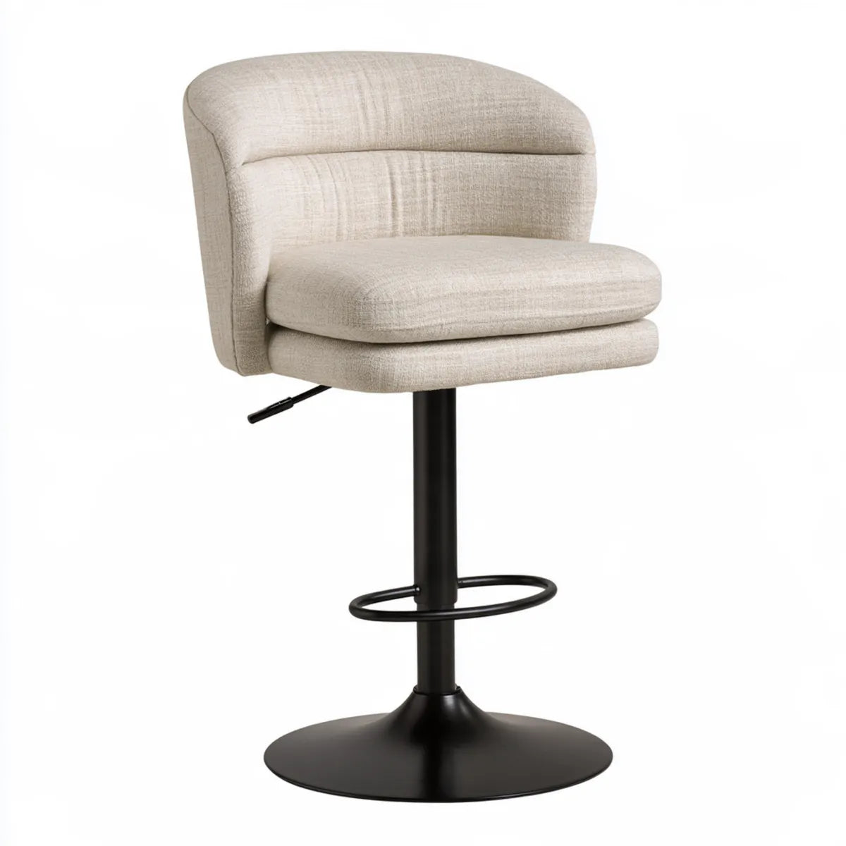 Adjustable Upholstered Bar Stool, Beige Polyester Fabric, Black Steel Round Base, 18.5 x 20 x 37.5-45.5 in