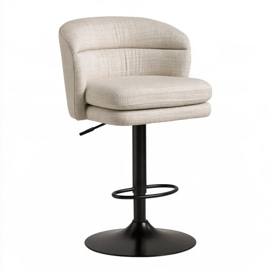 Adjustable Upholstered Bar Stool, Beige Polyester Fabric, Black Steel Round Base, 18.5 x 20 x 37.5-45.5 in