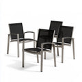 4-Piece Stackable Outdoor Patio Dining Armchairs, Black Textilene and Silver Stainless Steel, 55.5 x 64 x 89 cm