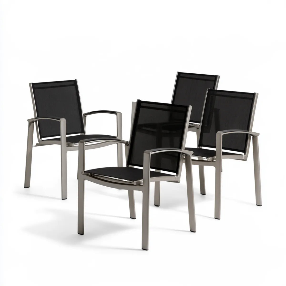 4-Piece Stackable Outdoor Patio Dining Armchairs, Black Textilene and Silver Stainless Steel, 55.5 x 64 x 89 cm